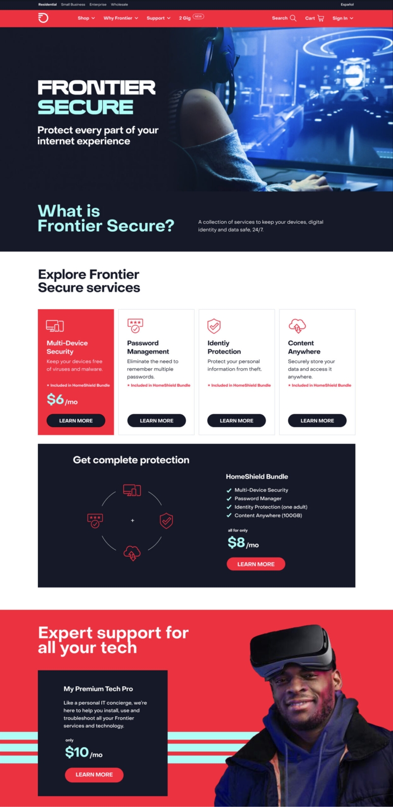 Desktop web site for Frontier Communications (Frontier Secure Page)
