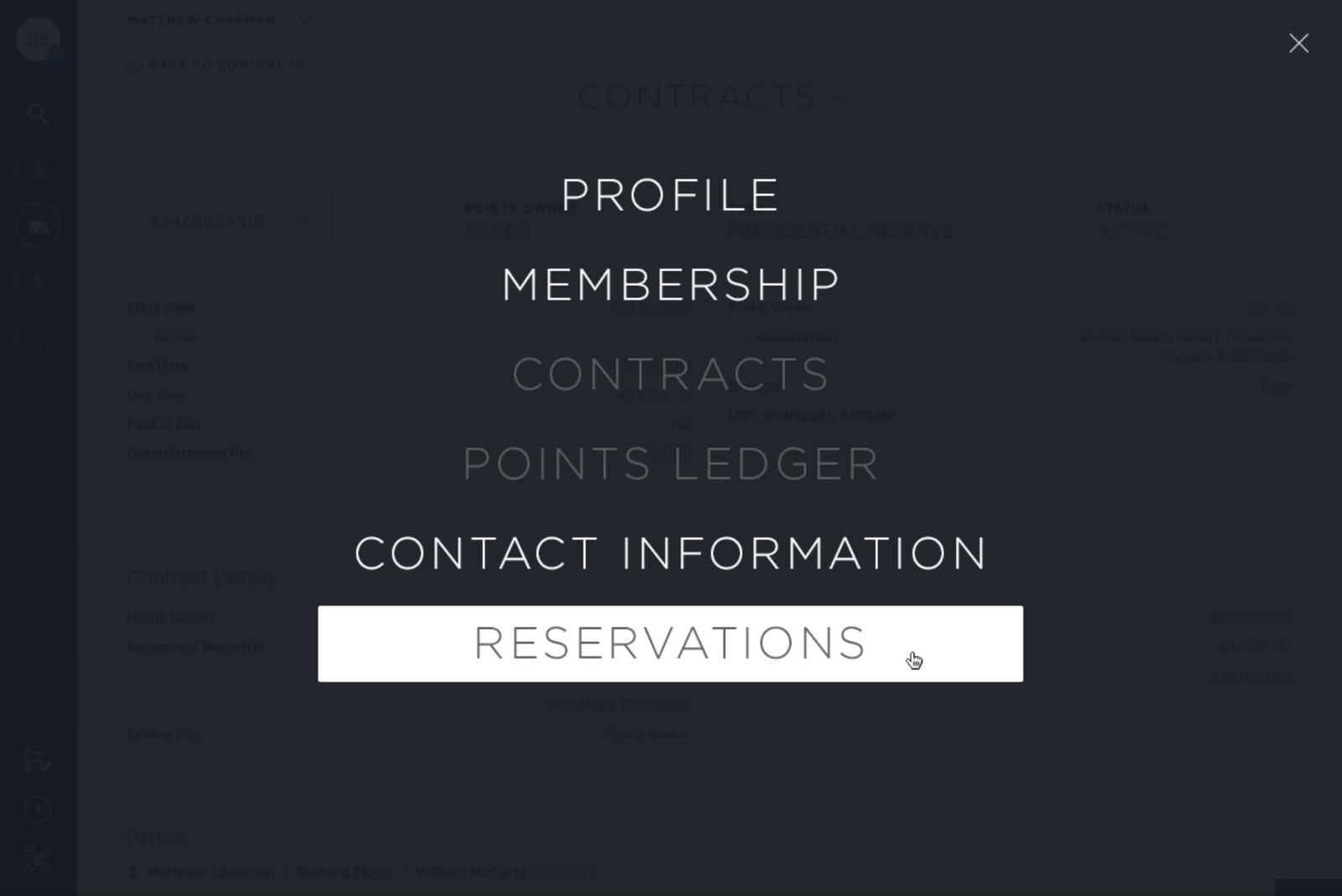 A screen of the Wyndham Voyager TRIP interface, displaying the in-app navigation menu