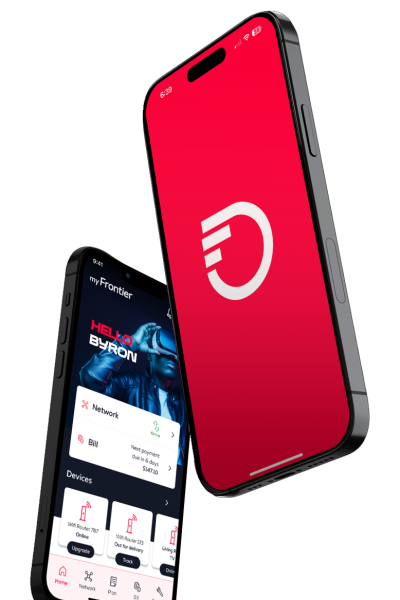 Two iPhones suspended in the air with the myFrontier app open