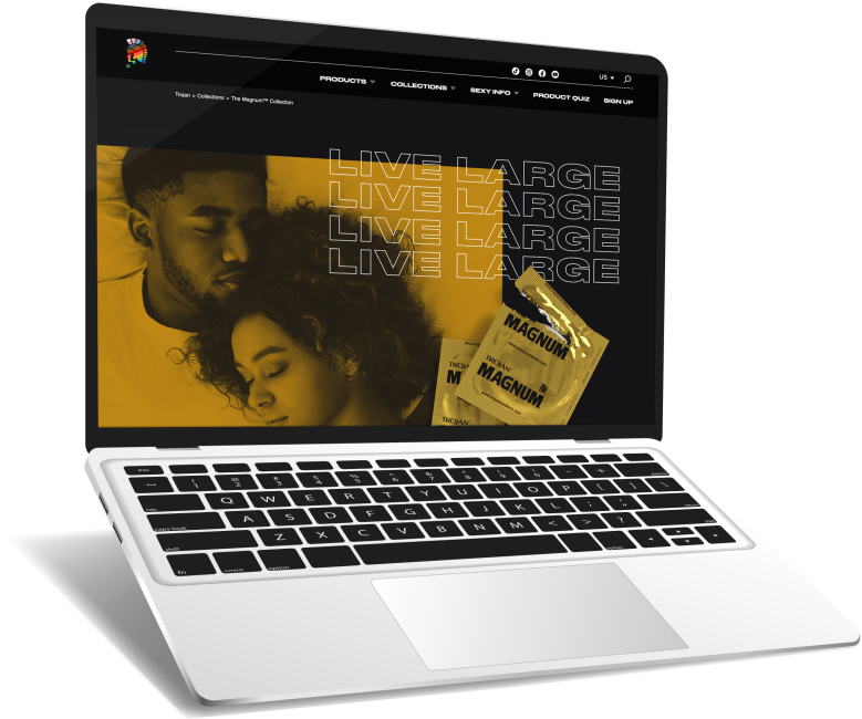 Laptop displaying the Magnum product page on Trojan Condoms website